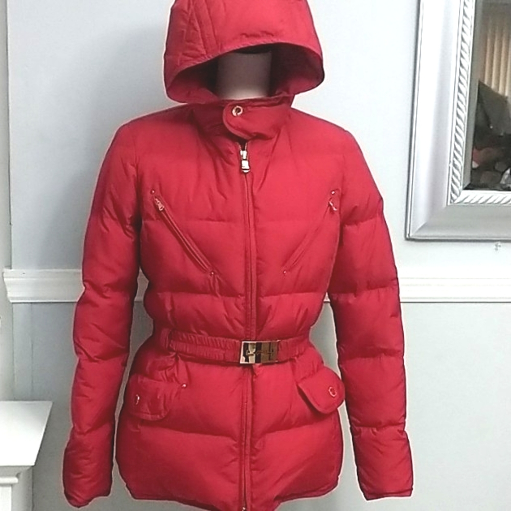 Lauren Ralph Lauren Women's Red Hooded Zip Front Down Jacket